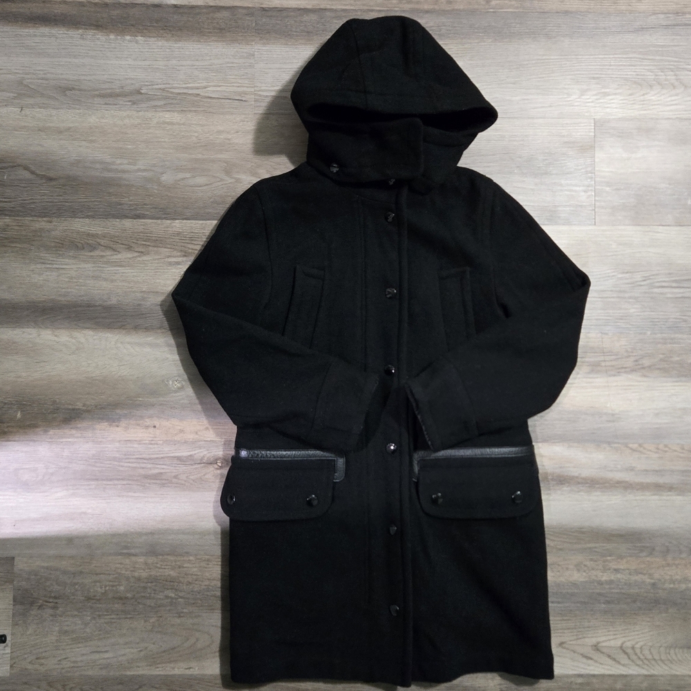 COACH Women's Wool Hooded Parka Coat Black Leather Trim XS